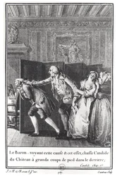 "Le Baron...chassa Candide du Chateau a grands coups de pied dans le derriere", illustration från kapitel 1 i "Candide" av Francois Voltaire (1694-1778) graverad av Jean Dambrun (1741-p.1808) 1787 (e